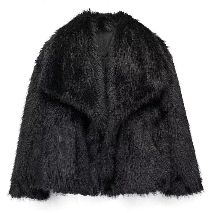 Frontal shot of a women's full-length relaxed fit faux fur jacket, a warm and fashionable winter choice