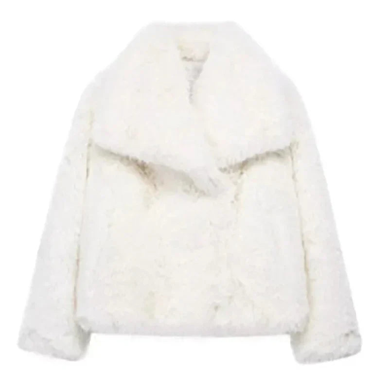 Back view of a women's comfortable relax fit faux fur jacket, showcasing its roomy design for winter