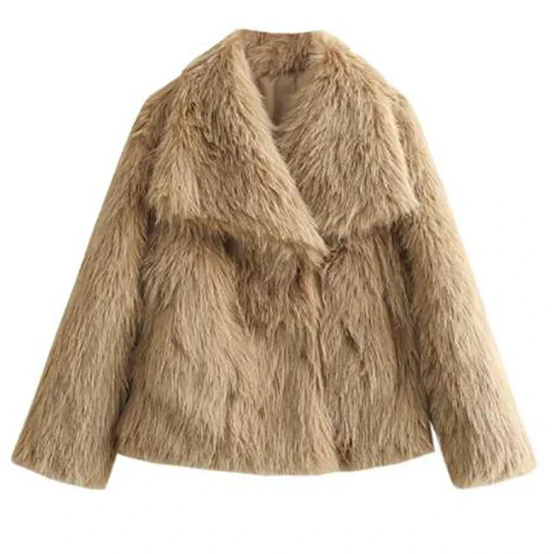 Folded women's faux fur jacket, demonstrating the soft material and relaxed fit for casual comfort