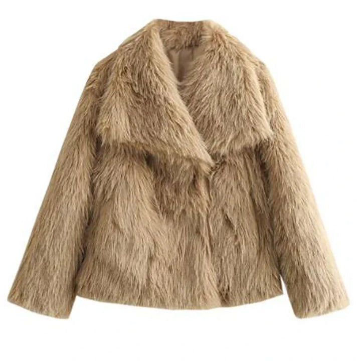 Folded women's faux fur jacket, demonstrating the soft material and relaxed fit for casual comfort