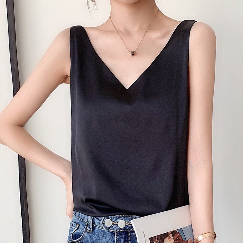 Women's relaxed fit elegant satin V-neck tank top, perfect for summer outfits.