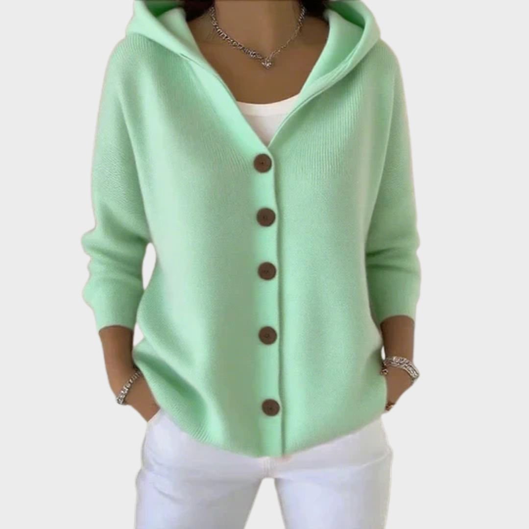 Cozy women's relaxed fit hooded cardigan sweater with button front, ideal for fall winter casual wear.