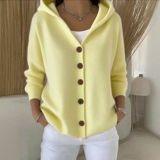 Stylish women's hooded button-front knit cardigan, relaxed fit for everyday comfort & layering.