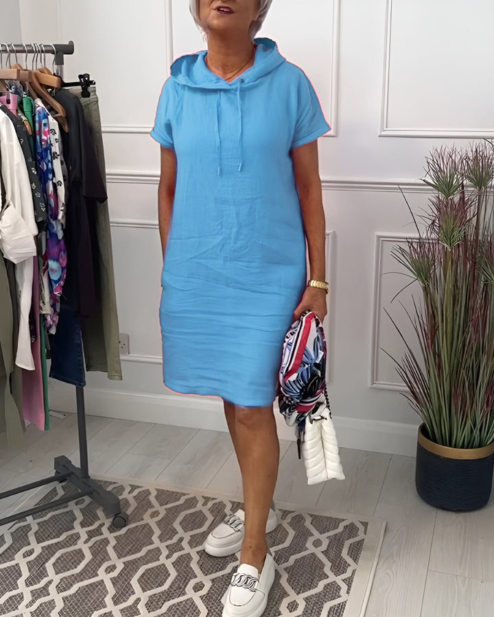 Women's relaxed fit midi dress with hood, half sleeve. Ideal for casual, comfortable spring fashion.