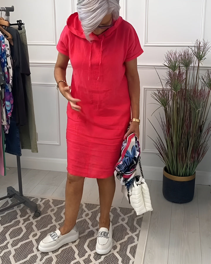 Casual women's summer hoodie midi dress; relaxed fit for everyday comfort, with an adjustable hood.