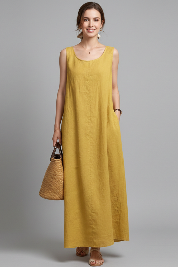 Comfortable women's everyday knee-length dress with pockets, relaxed fit, and short sleeves.