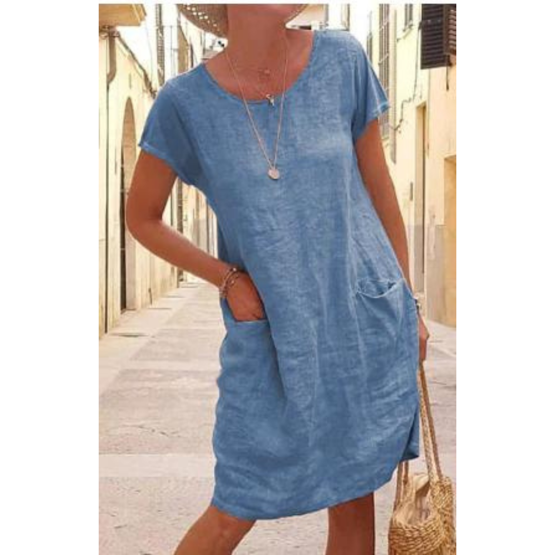 Versatile women's short sleeve knee-length t-shirt dress, a comfortable choice for summer and everyday fashion.