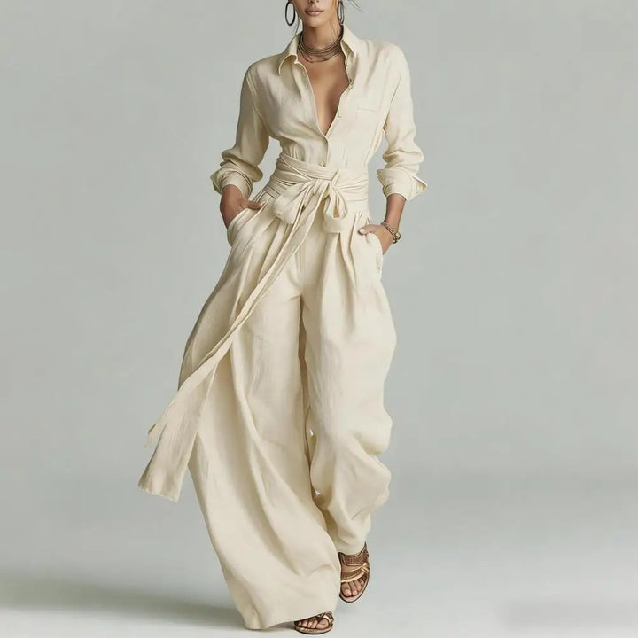 Women's relaxed fit linen blend co-ord set with button-up shirt & wide-leg high-waist pants, ideal for summer.