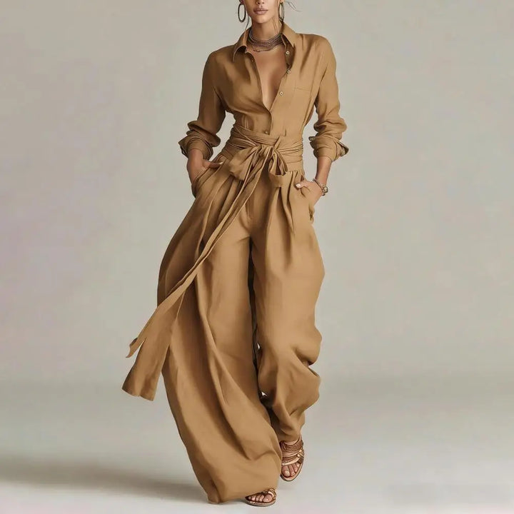 Casual women's linen blend button-down shirt & wide-leg high-waist pants set, perfect for resort wear.