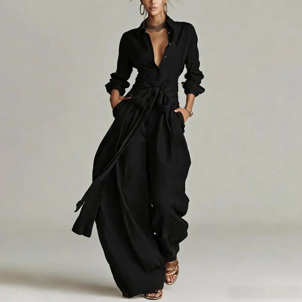 Summer women's linen blend co-ord: relaxed button-front shirt paired with high-waist wide-leg pants. Casual.