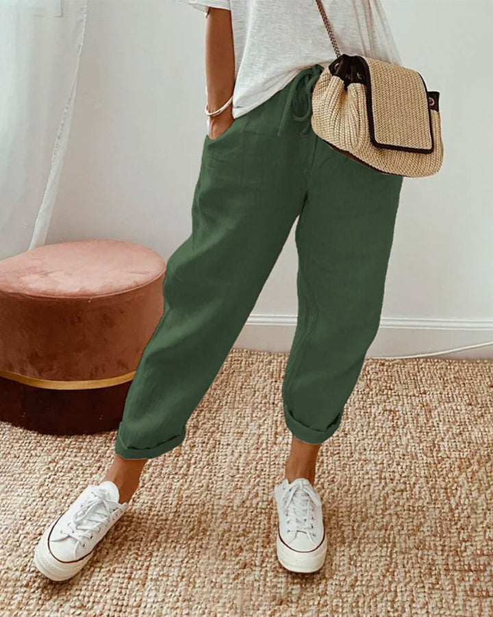 Breathable women's relaxed linen joggers with drawstring, perfect casual pants for summer style & comfort.