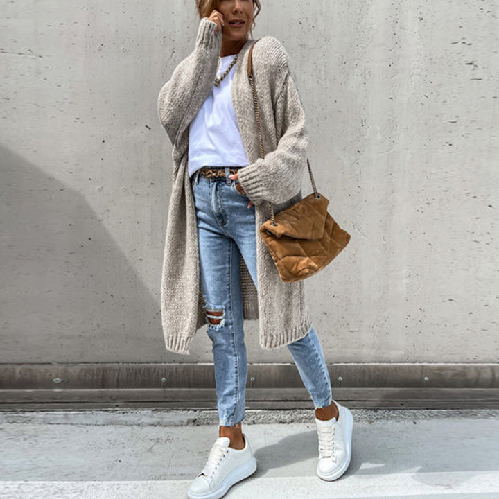 Women's relaxed fit long open front cardigan, black knit, casual comfort outerwear