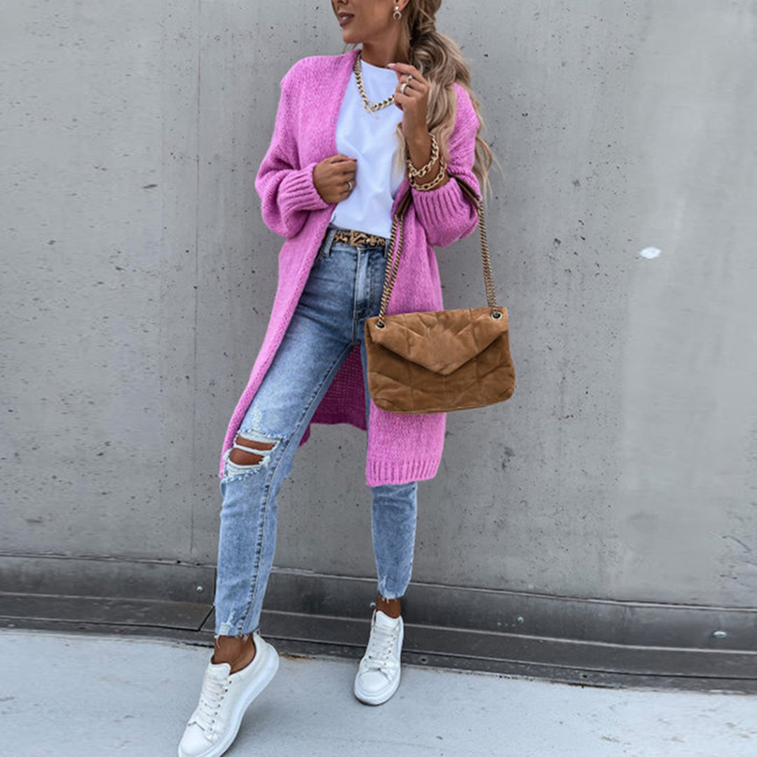 Women's long sleeve open front cardigan, relaxed fit knitwear for versatile casual wear