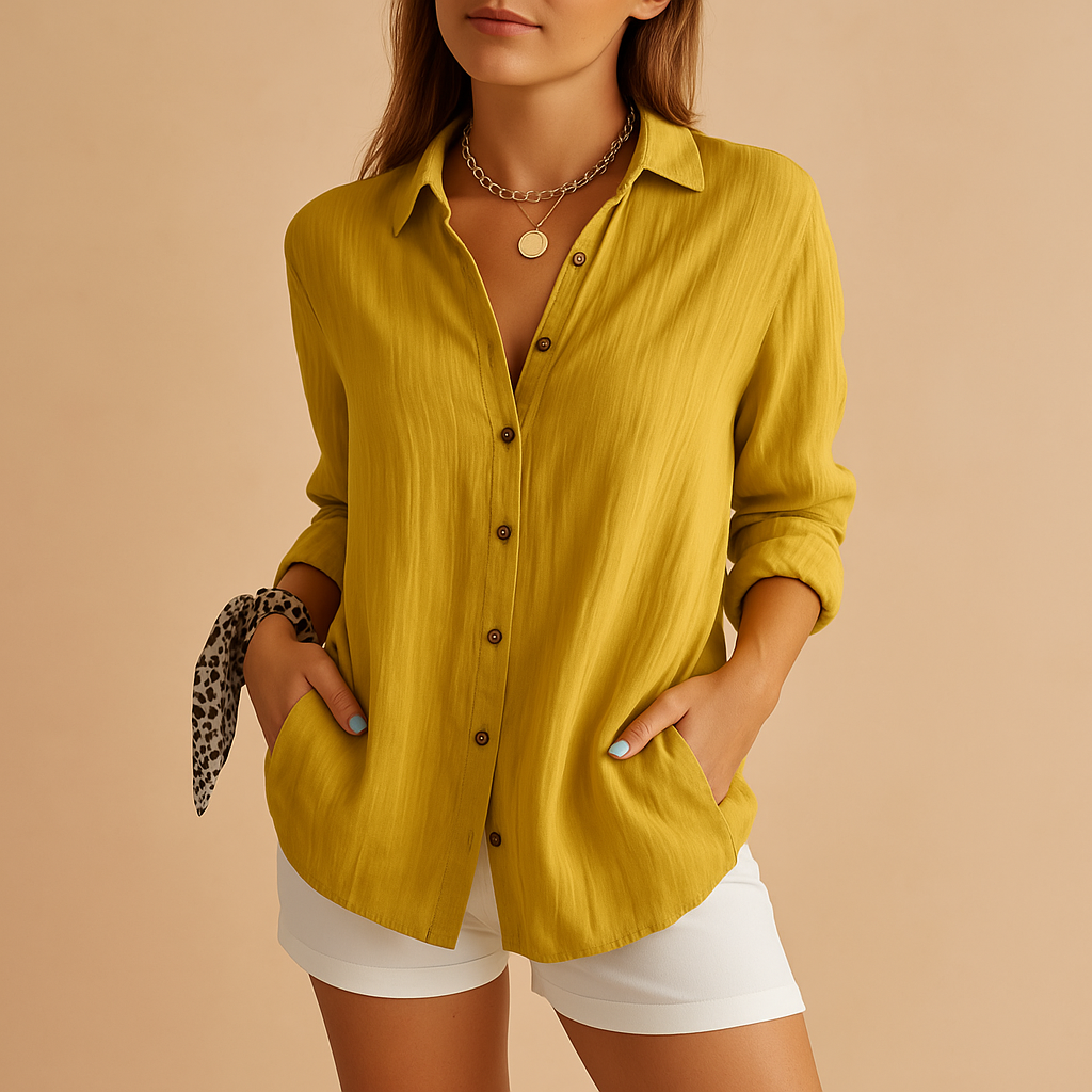 Stylish women's long sleeve button-up blouse, perfect for casual or office wear.