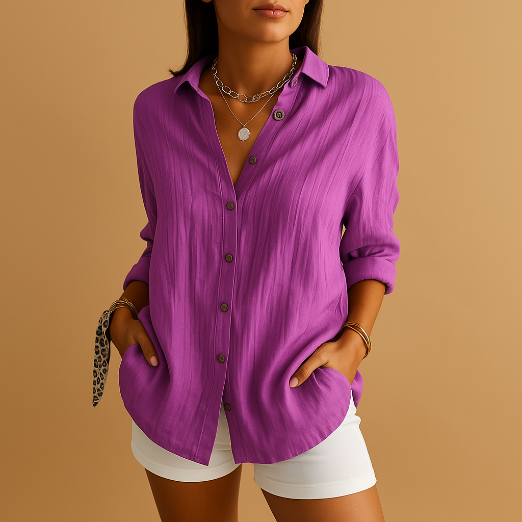 Classic women's long sleeve button-up blouse, relaxed fit, great for daily wear.