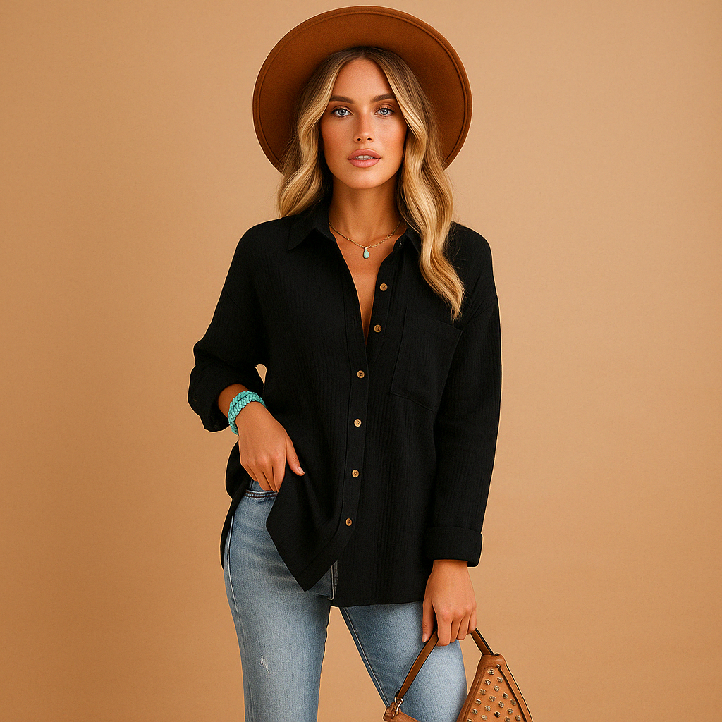 Stylish women's long sleeve polo blouse, relaxed fit, perfect for casual wear or work.