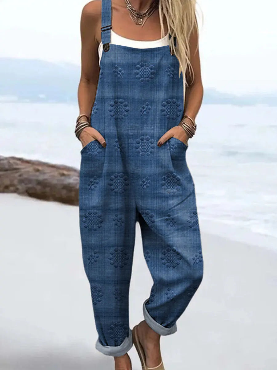 Women's relaxed fit patterned jumpsuit with wide leg design for comfortable casual wear. Perfect for summer fashion.