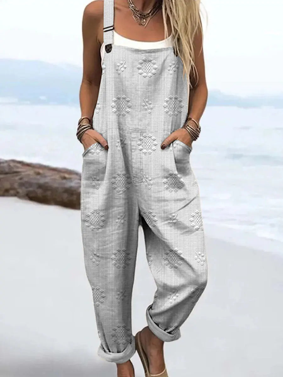 Easy-to-wear patterned women's jumpsuit featuring a relaxed wide-leg cut, adjustable straps, and side pockets.