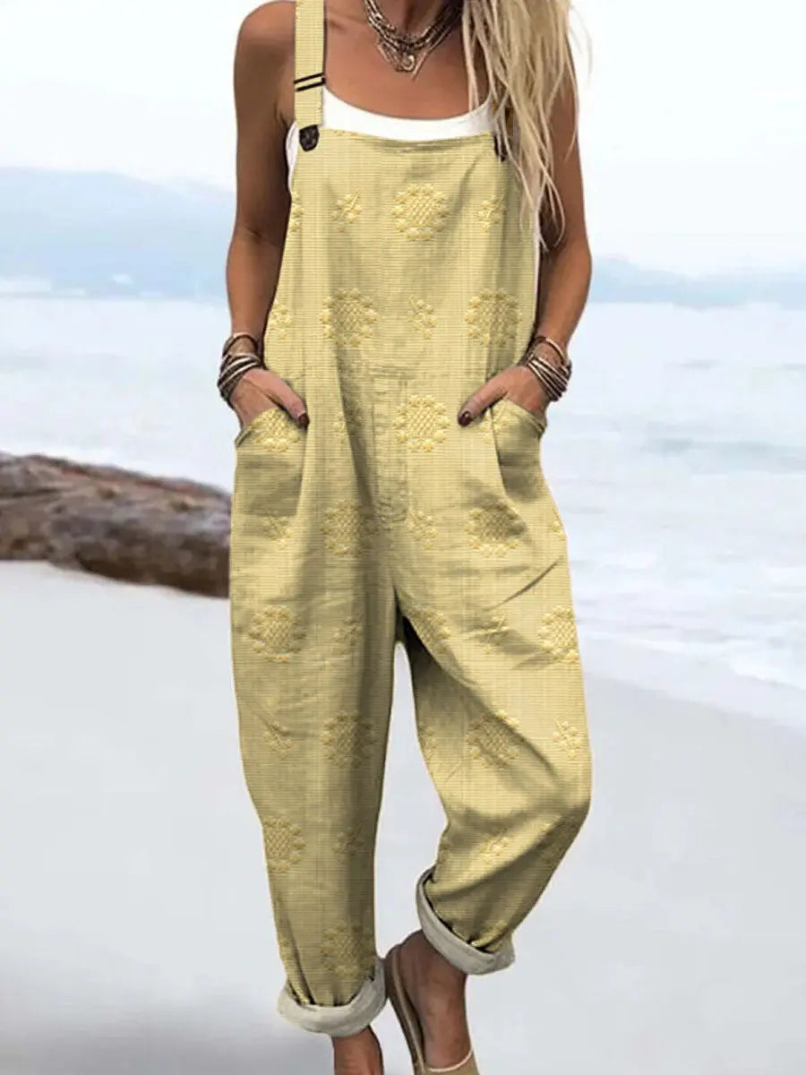 Stylish women's patterned jumpsuit with a relaxed wide-leg silhouette. Features adjustable straps for a perfect fit.