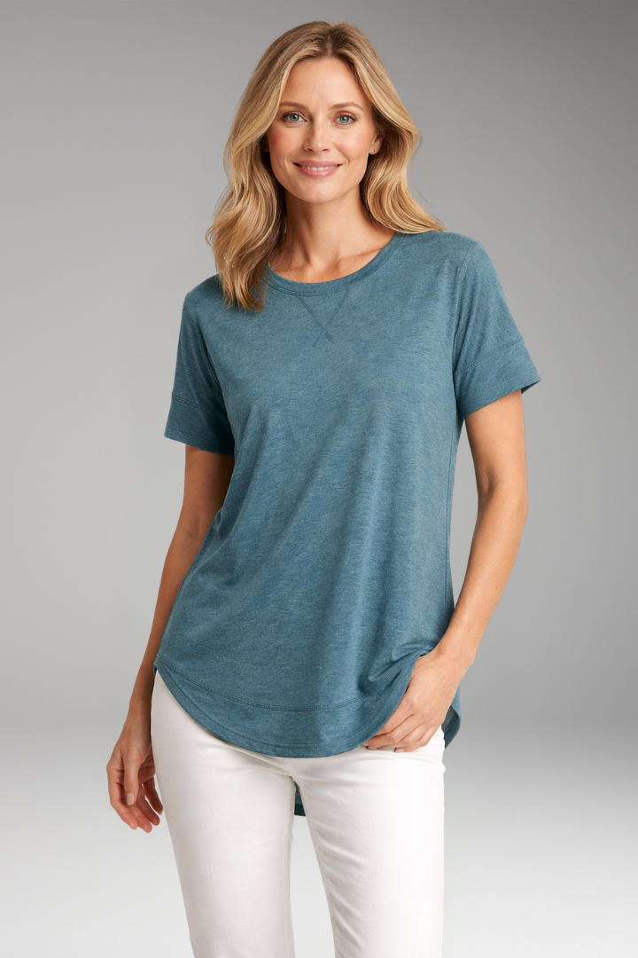 Women's relaxed fit round neck t-shirt with a stylish curved hem. Perfect for casual, everyday wear.