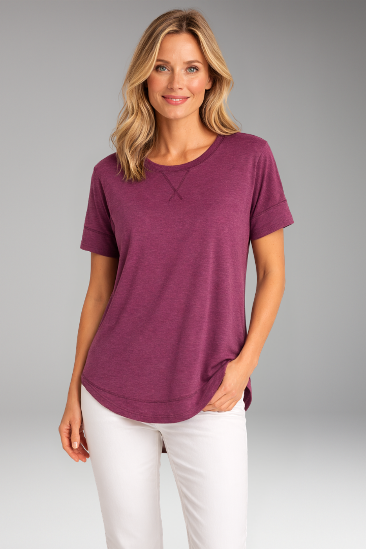 Classic women's short sleeve t-shirt with a relaxed fit, round neck, and a modern curved hem.