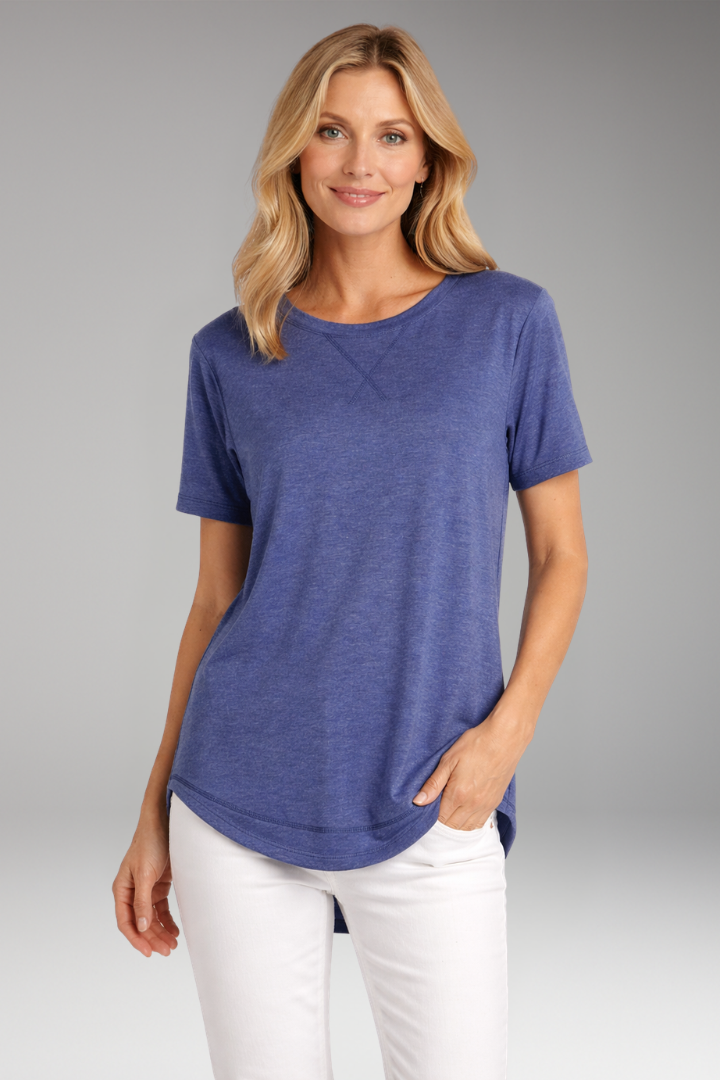 Stylish women's everyday t-shirt. Relaxed fit, round neck, short sleeves, and a flattering curved hemline.