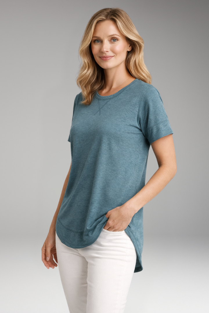 Stylish women's relaxed fit t-shirt, designed with a classic round neck and modern curved hem.
