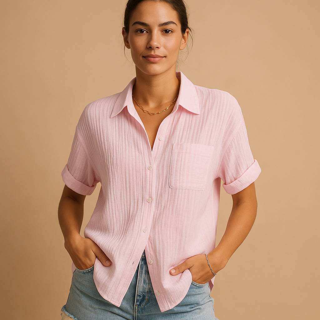 Women's summer short sleeve button shirt, featuring a relaxed fit and a stylish pocket. Great casual blouse.
