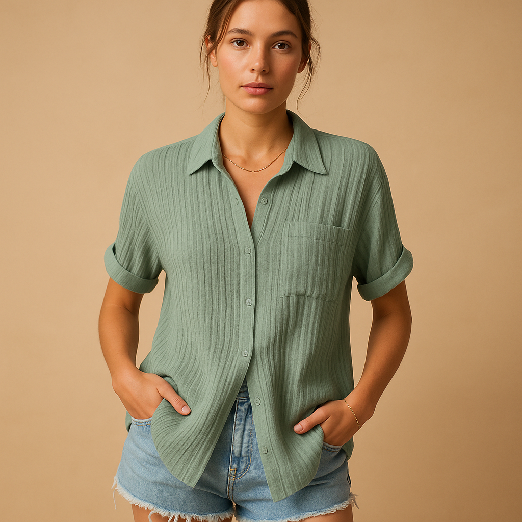 Versatile women's short sleeve button shirt, perfect for casual summer outfits. Relaxed fit button-up blouse.