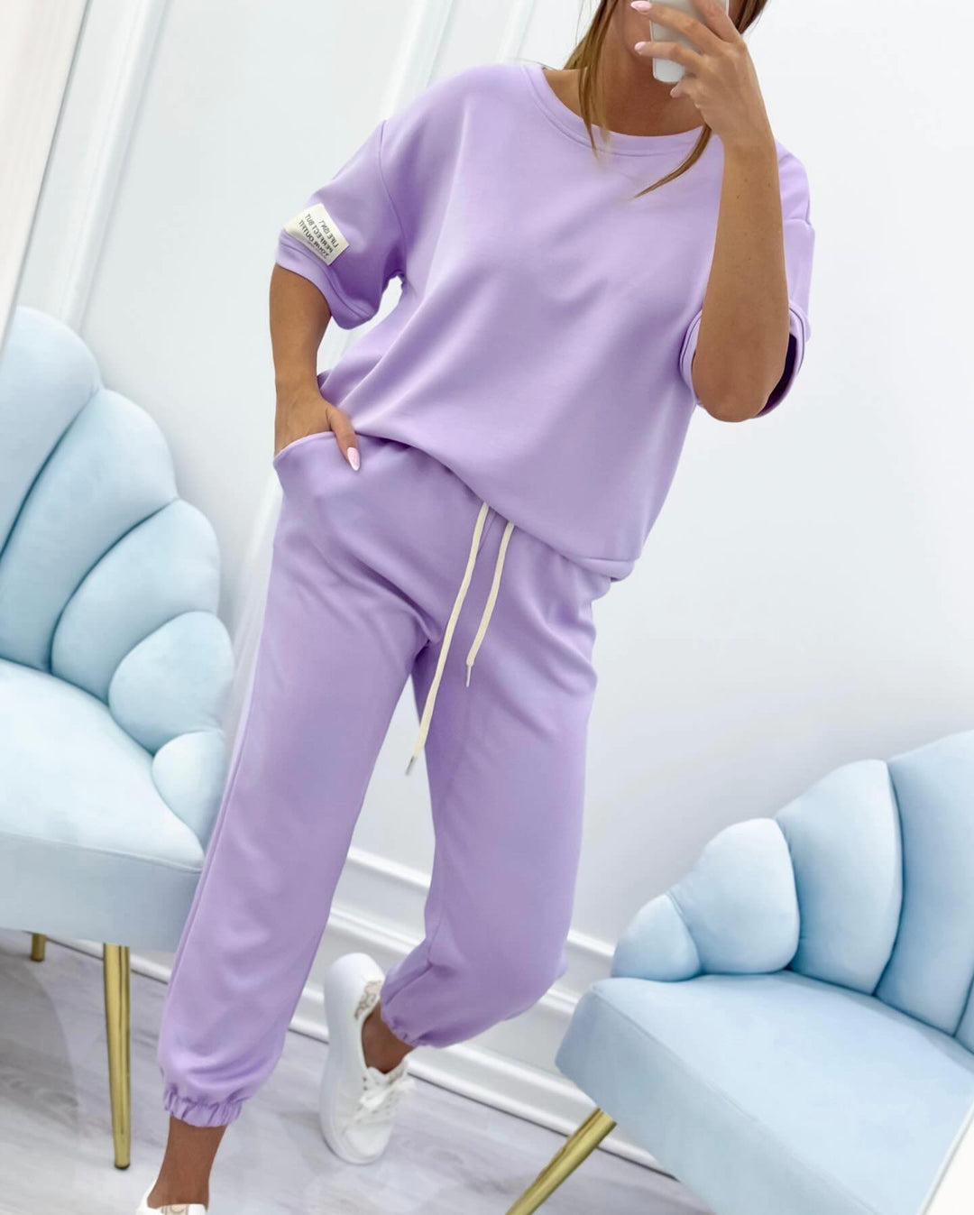 Breathable women's short sleeve set, an ideal summer outfit and relaxed casual wear apparel.