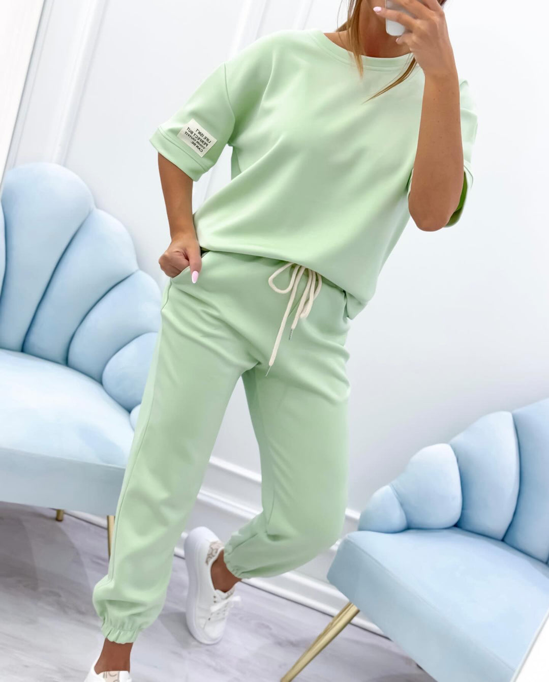 Casual women's short sleeve set, versatile apparel for summer or comfortable everyday style.