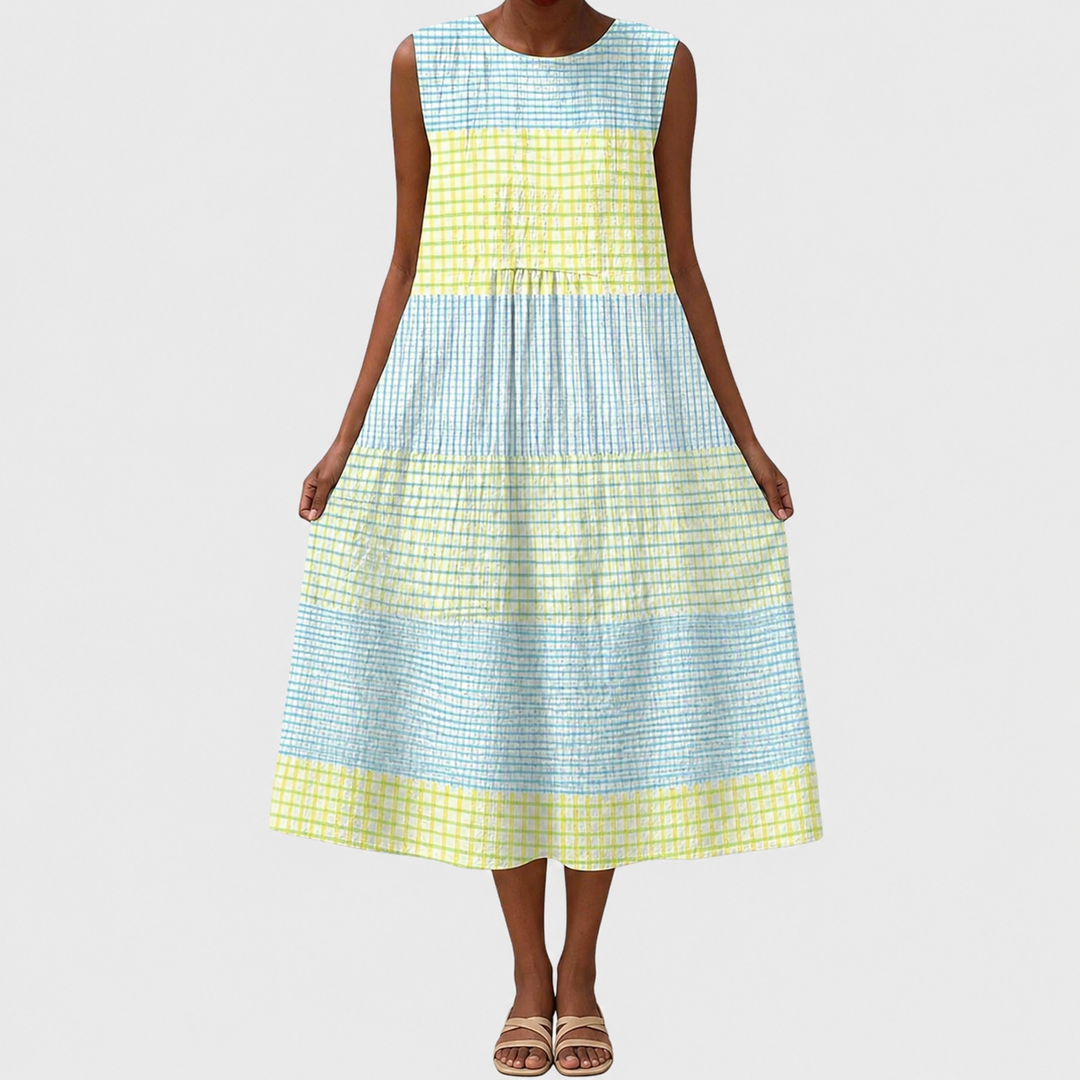 Soft, comfortable women's sleeveless summer dress, relaxed knee-length fit for casual outings.
