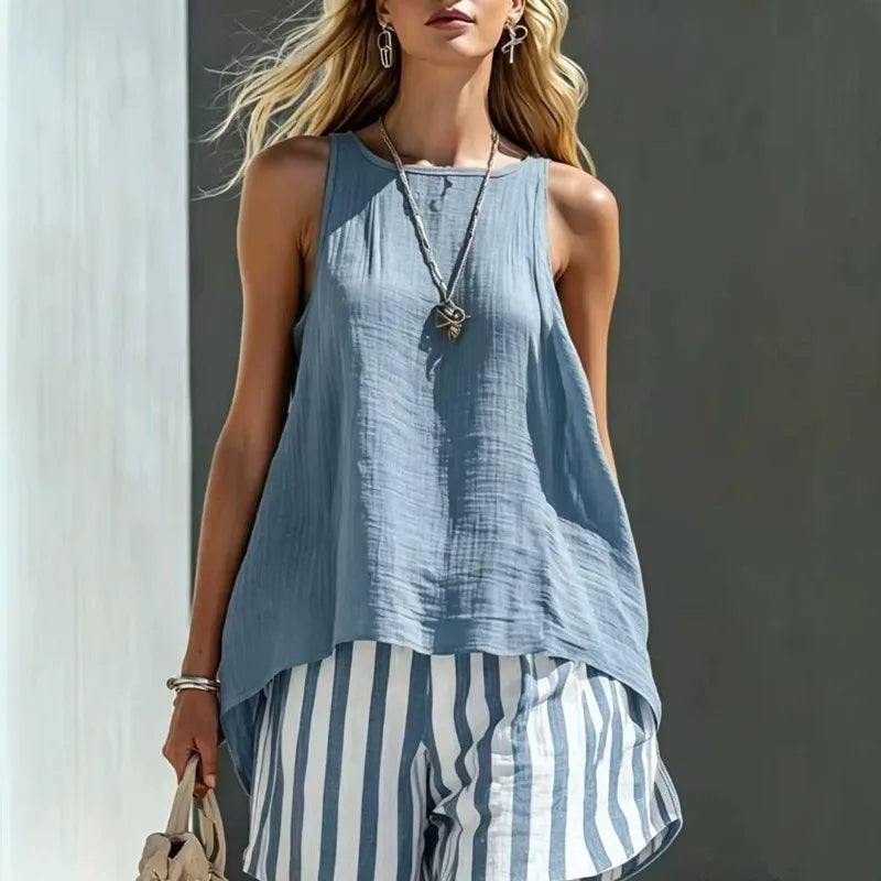 Women's relaxed fit striped sleeveless tank & shorts set, perfect for summer casual wear or loungewear.