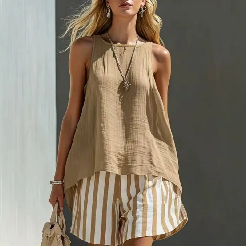 Comfortable women's striped shorts and sleeveless tank set, ideal relaxed fit loungewear for warm weather.
