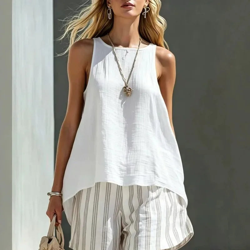 Women's casual two-piece set featuring a striped sleeveless tank and comfy shorts for ultimate summer style.