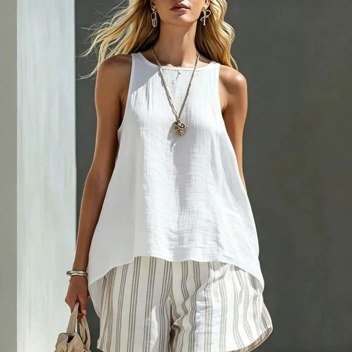 Women's casual two-piece set featuring a striped sleeveless tank and comfy shorts for ultimate summer style.