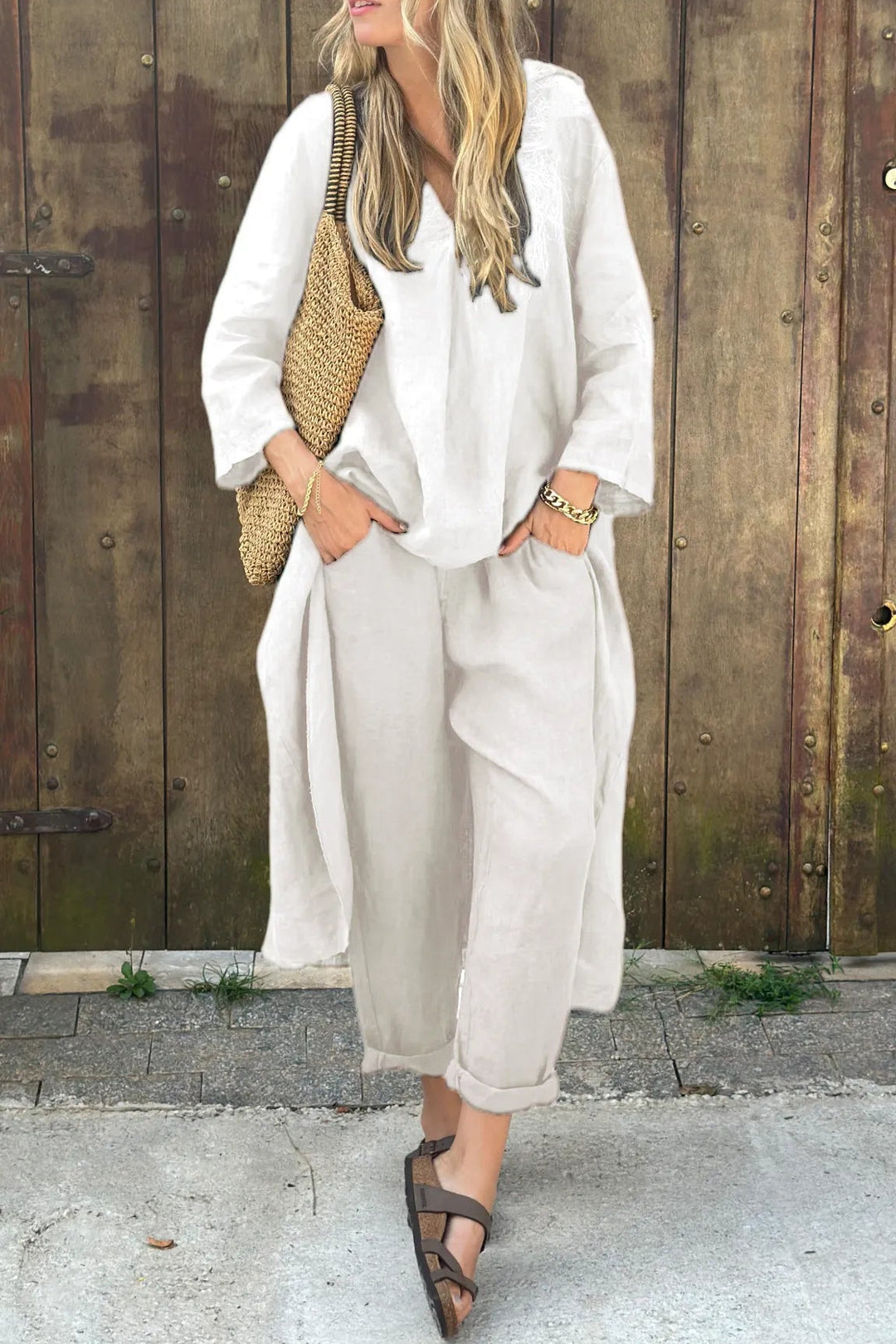 Women's two-piece set: a comfortable, relaxed fit tunic and pant combo, perfect for lounging or as a travel outfit.