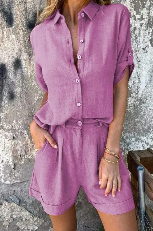 Purple women's two-piece relaxed set, perfect versatile casual wear for summer and spring.
