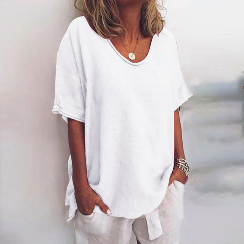 Stylish women's summer V-neck top with relaxed fit and elbow sleeves, ideal for comfortable daily fashion.