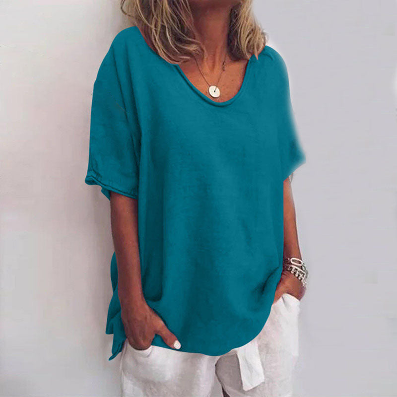 Drop shoulder V-neck women's top with elbow sleeves, a relaxed fit casual shirt for summer comfort.
