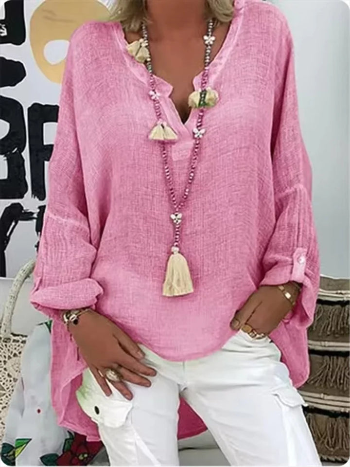 Stylish women's flowy V-neck long sleeve blouse, comfortable relaxed fit for everyday wear.