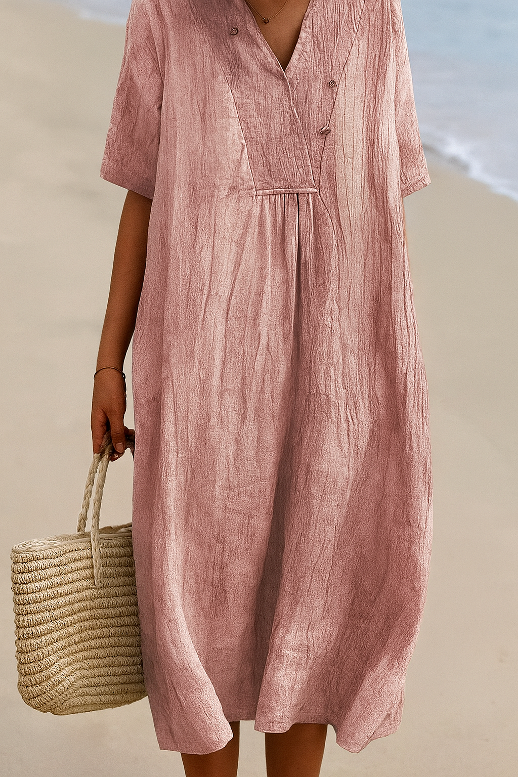 Stylish women's flowy beach dress with V-neck and short sleeves, ultimate relaxed comfort.