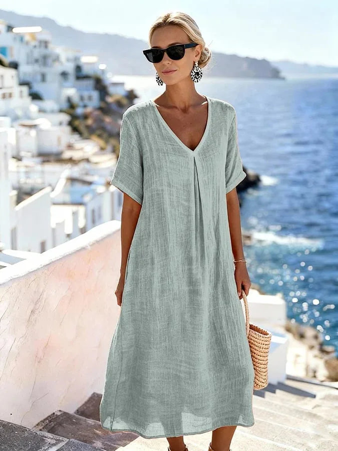 Everyday women's midi dress, relaxed fit, V-neck, short sleeves, super comfortable & stylish.