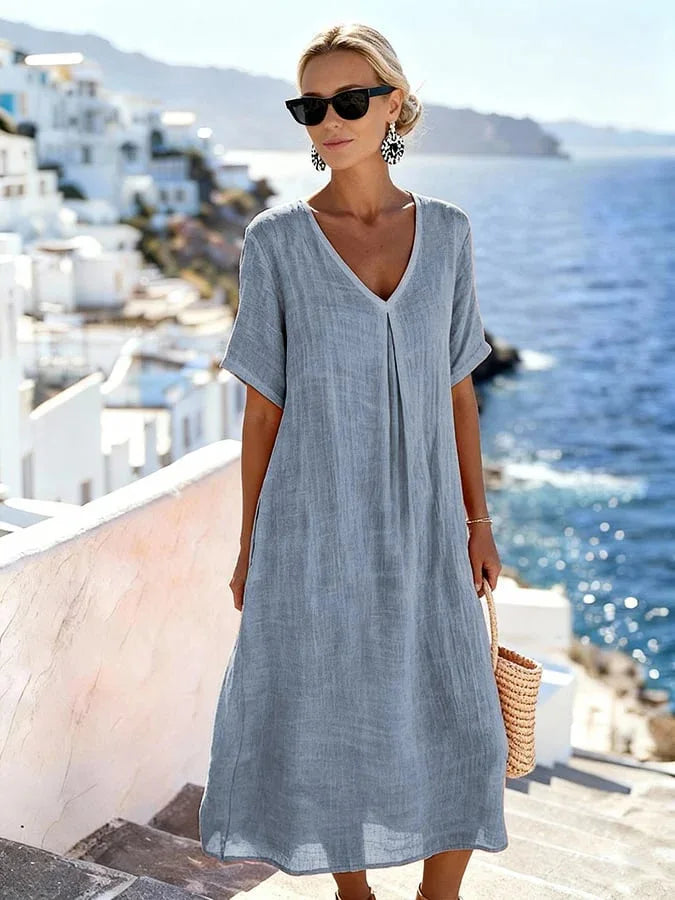 Women's casual V-neck midi dress, short sleeves, relaxed fit for ultimate comfort & style.