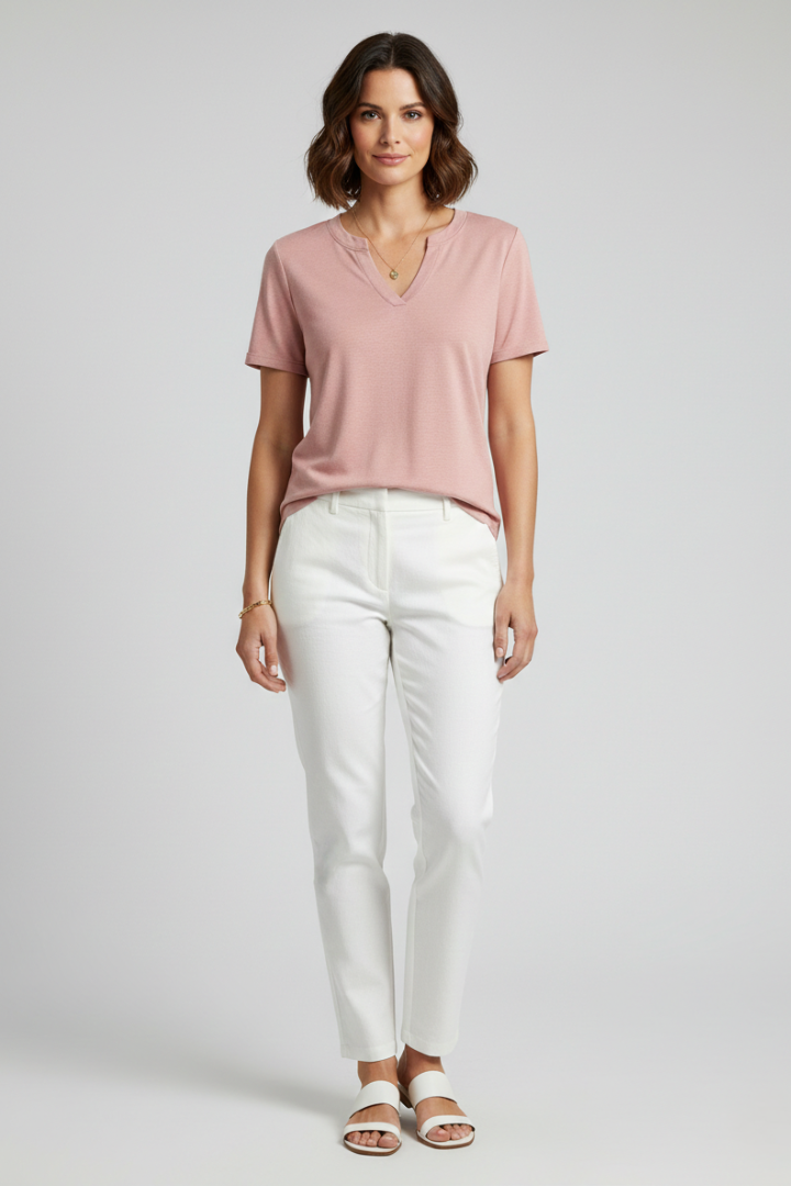 Women's V-neck top, short sleeves & relaxed style, great for everyday summer fashion.