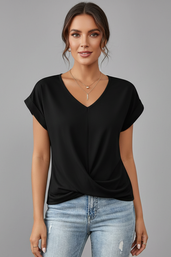 Stylish women's short sleeve V-neck t-shirt with a gathered hem, ideal for daily fashion.