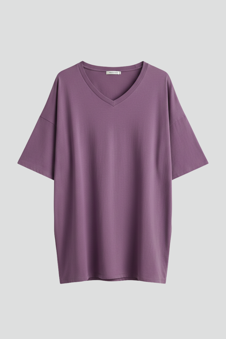 Relaxed fit women's V-neck top with short sleeves and a stylish gathered hem detail.