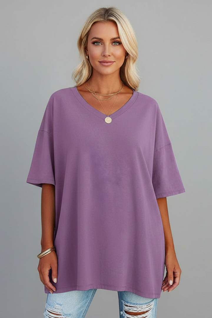 Comfortable women's short sleeve V-neck t-shirt, loose fit for all-day casual wear.