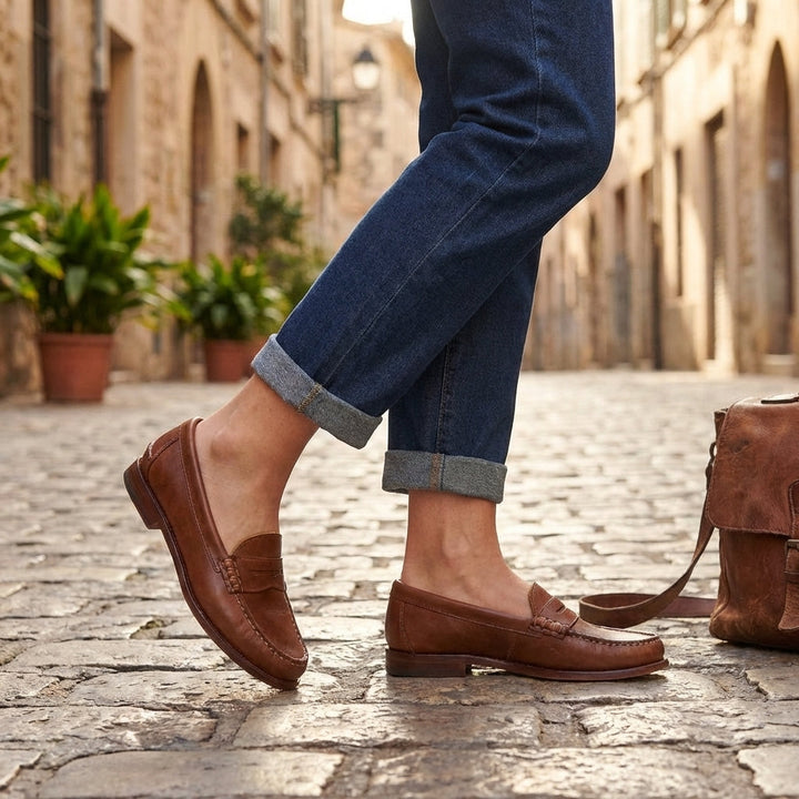 Stylish women's flat loafers. Comfortable slip-on shoes with retro charm for casual elegance & everyday wear.