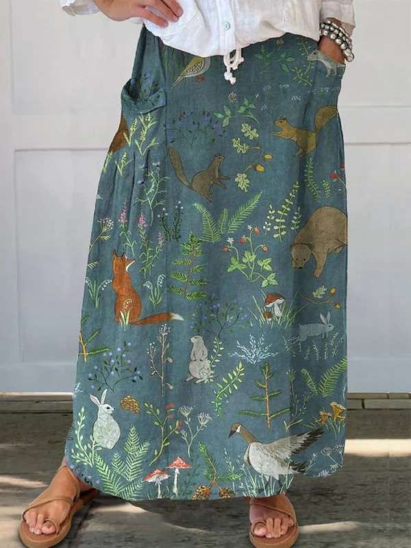 Women's retro floral art print A-line casual pocket skirt with elastic waist, perfect for spring & summer comfort.
